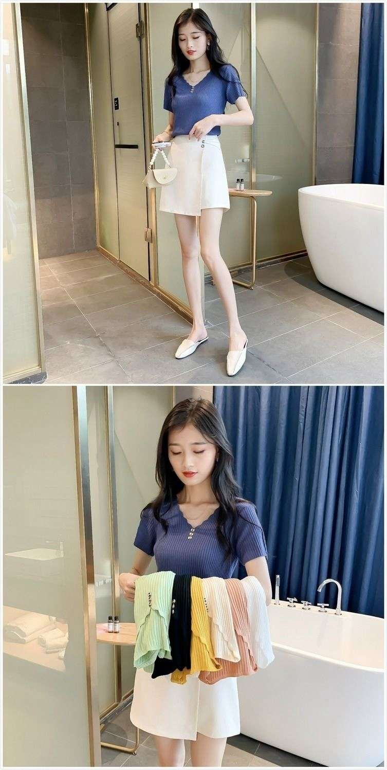 キレイめファッション  リブ編みVネックボタン付き半袖ニットトップス