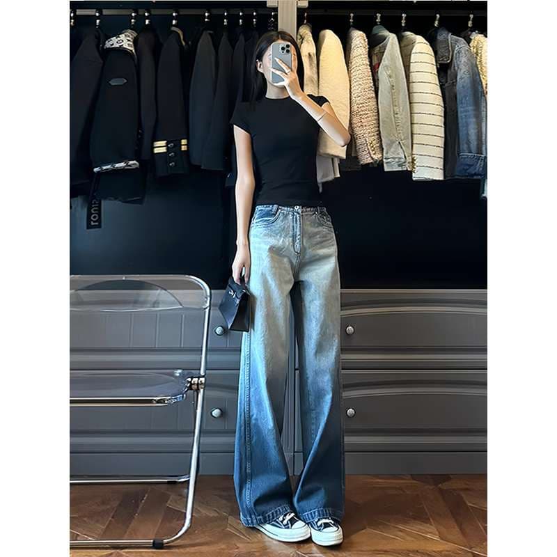 キレイめファッション  グラデーションワイドデニムパンツ