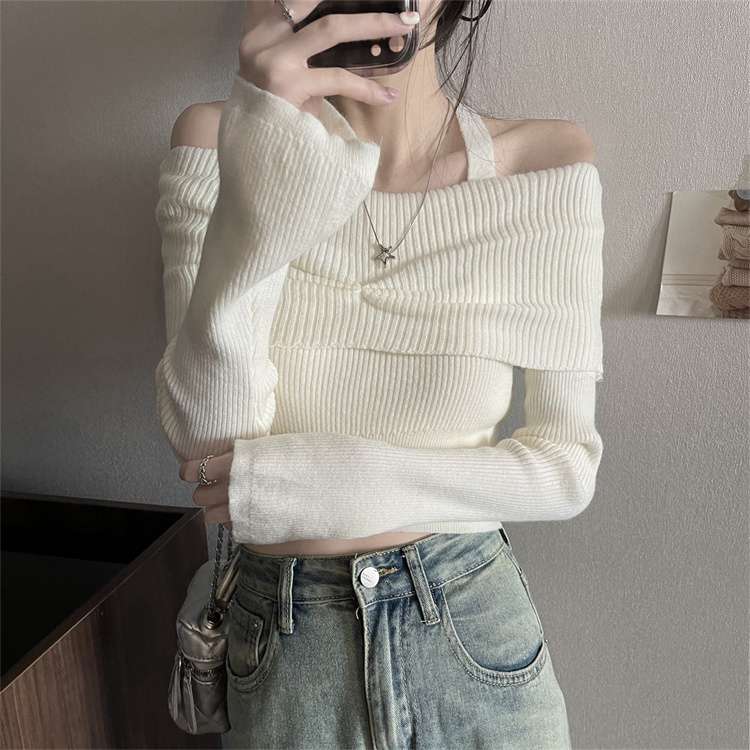 キレイめファッション オフショルダー綺麗目リブニットトップス