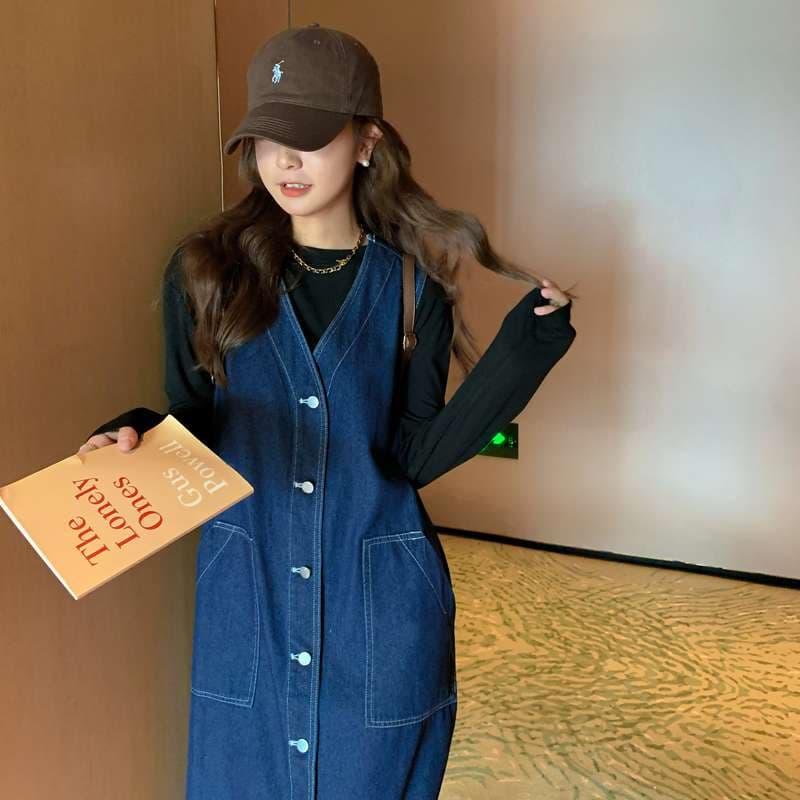 キレイめファッション  デニムジャンパースカート きれいめロング丈ワンピース