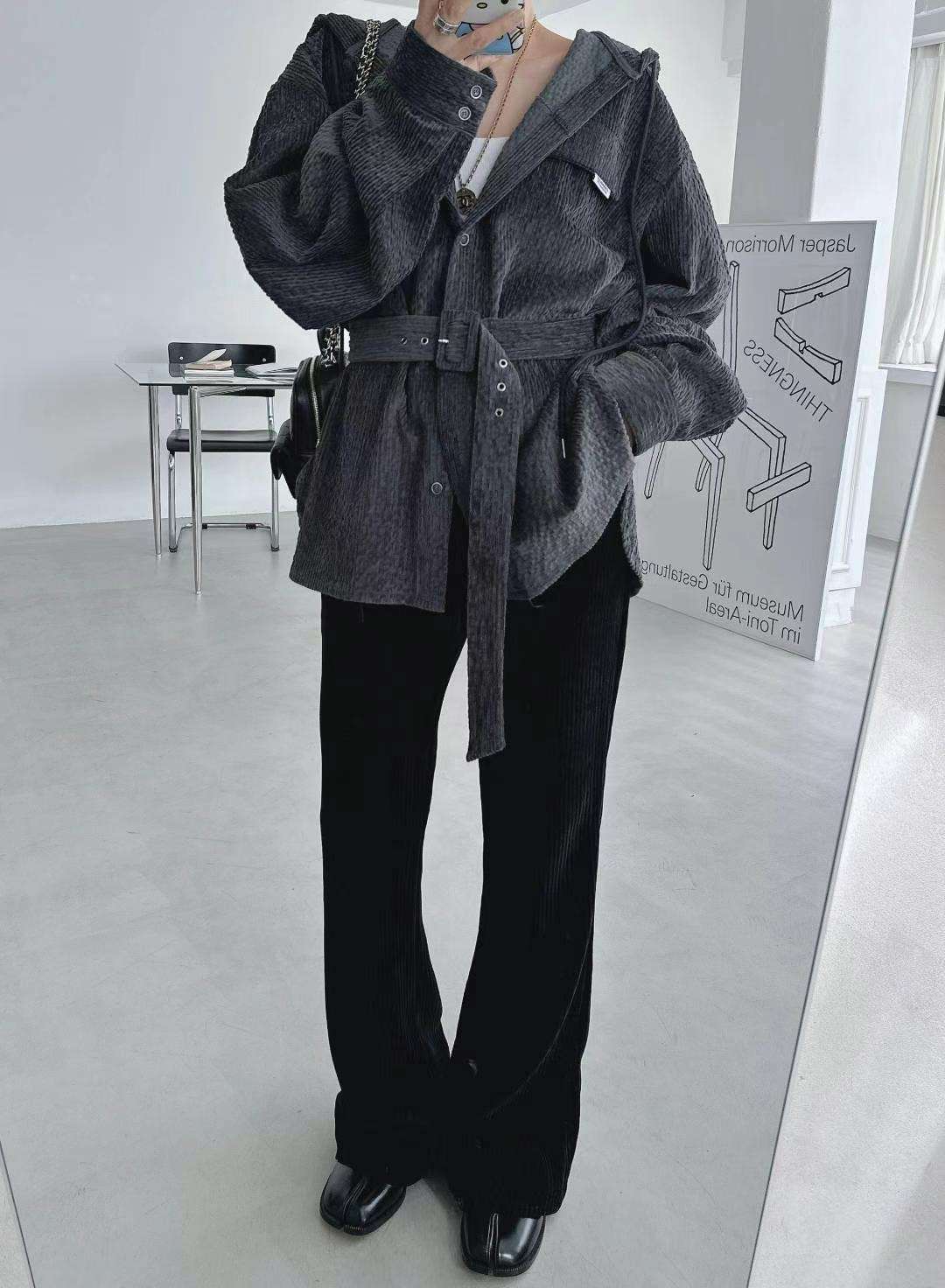 キレイめファッション コーデュロイ素材バルーン袖ベルトジャケット