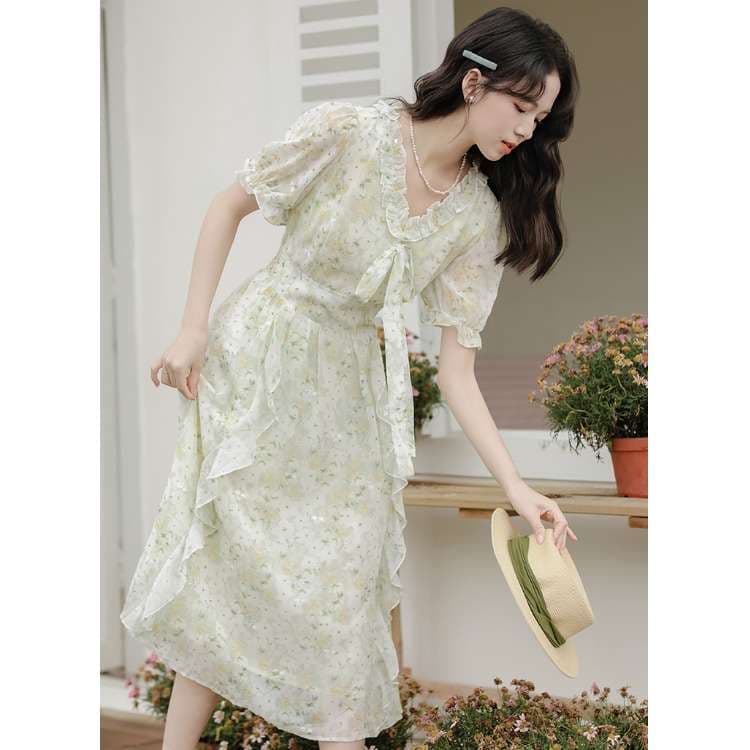 キレイめファッション  花柄シフォンフリルロマンティックワンピース