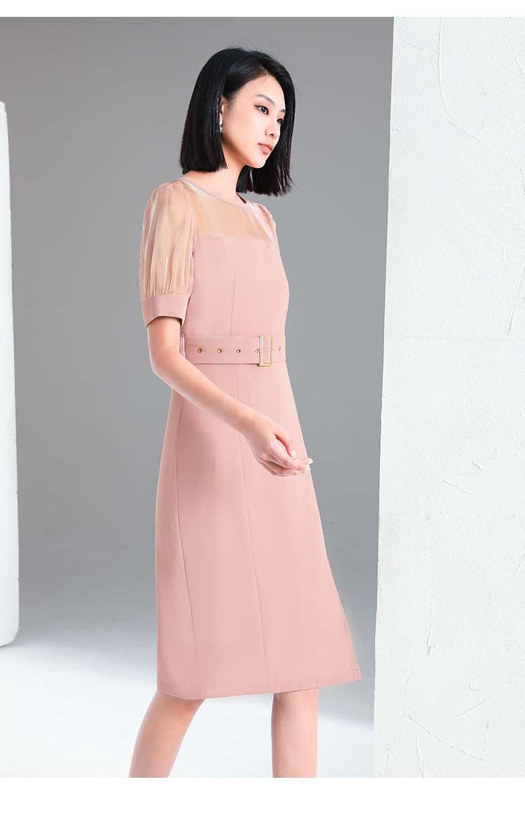 キレイめファッション  シアー袖付きベルテッドタイトワンピース