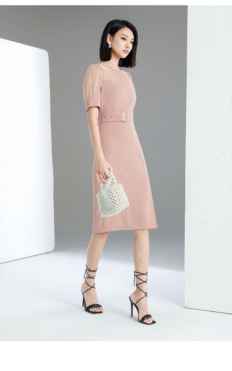 キレイめファッション  シアー袖付きベルテッドタイトワンピース