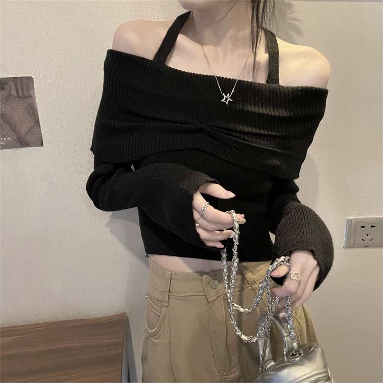 キレイめファッション オフショルダー綺麗目リブニットトップス