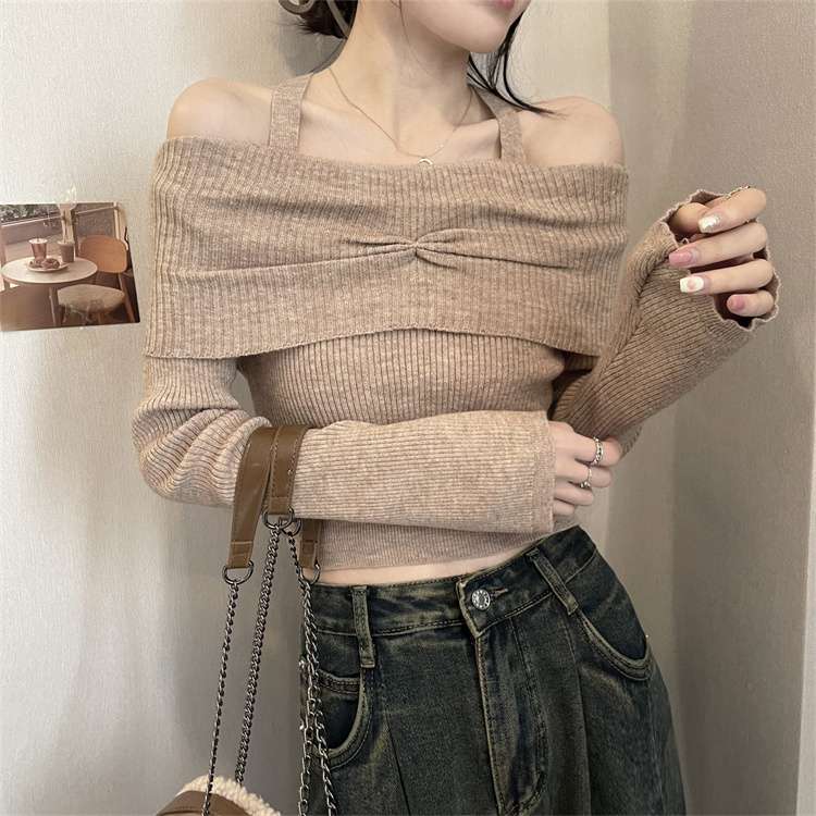 キレイめファッション オフショルダー綺麗目リブニットトップス