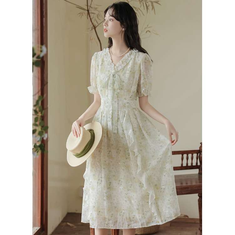 キレイめファッション  花柄シフォンフリルロマンティックワンピース