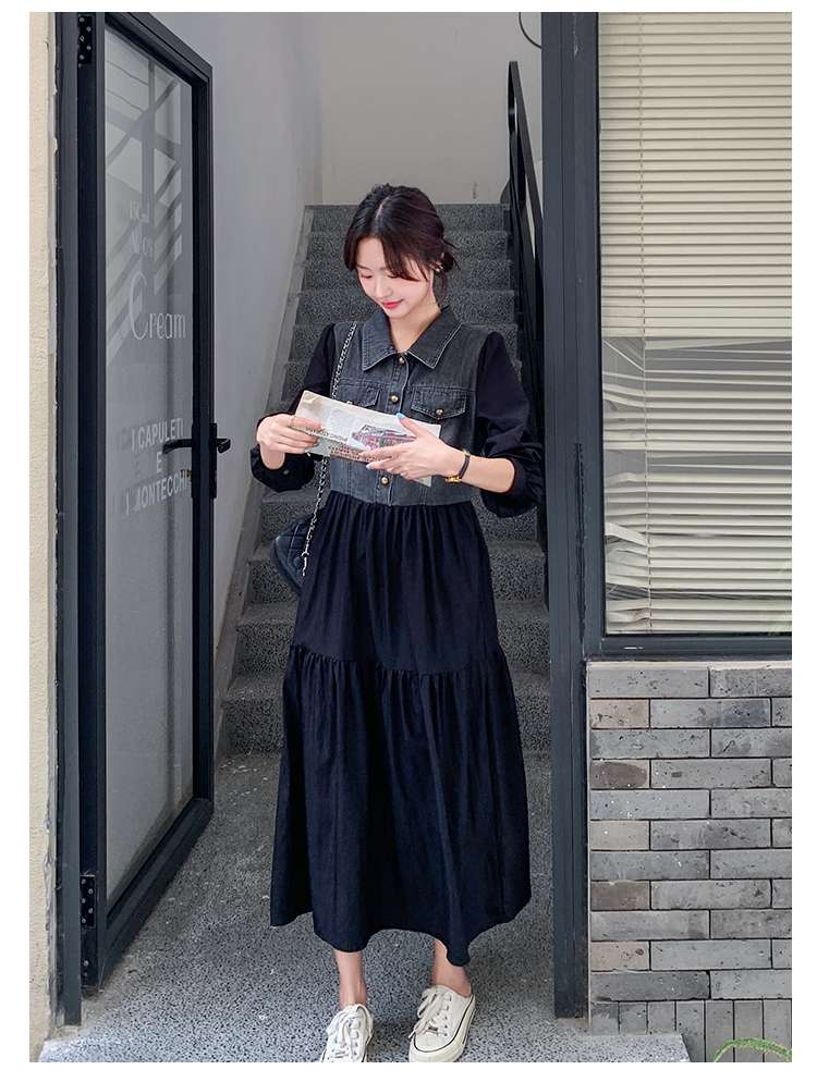 キレイめファッション  デニム切り替えティアードきれいめワンピース