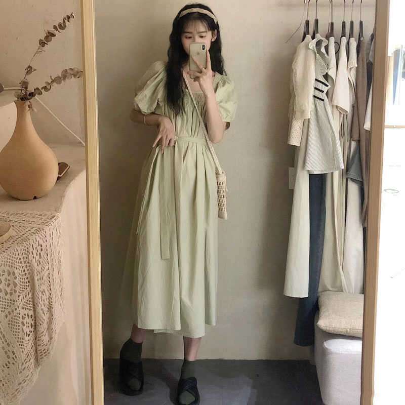 キレイめファッション  パフスリーブ ロング リネンワンピース