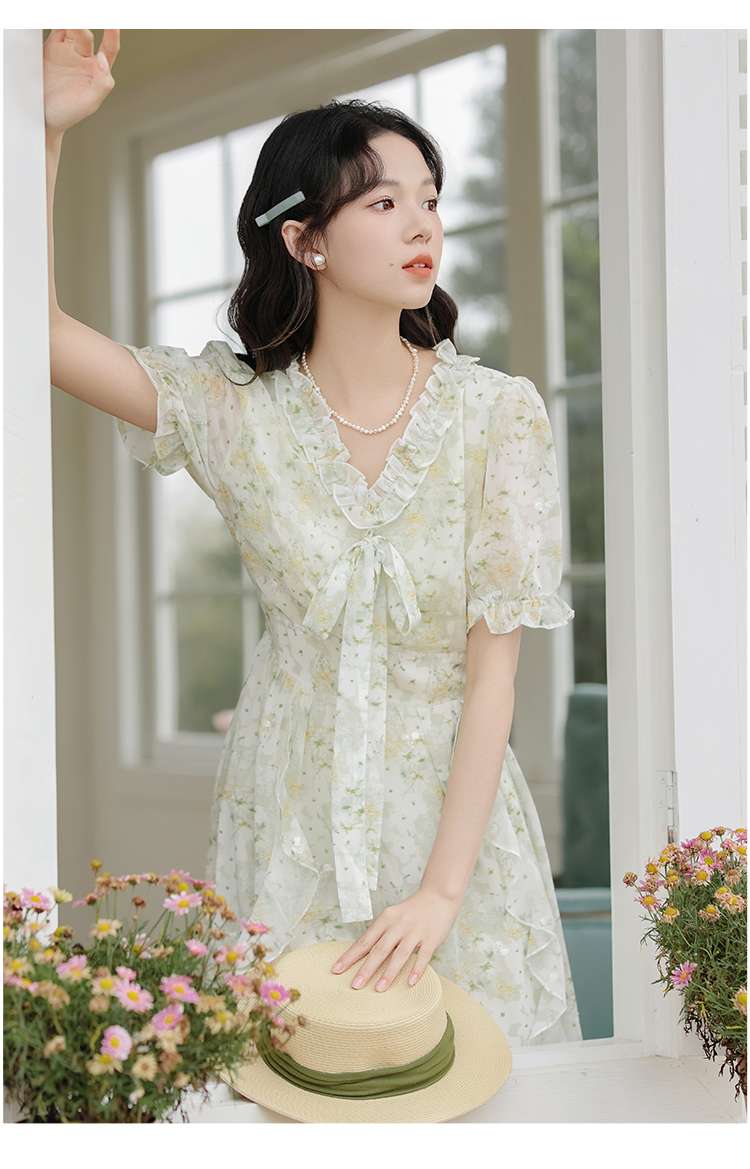 キレイめファッション  花柄シフォンフリルロマンティックワンピース