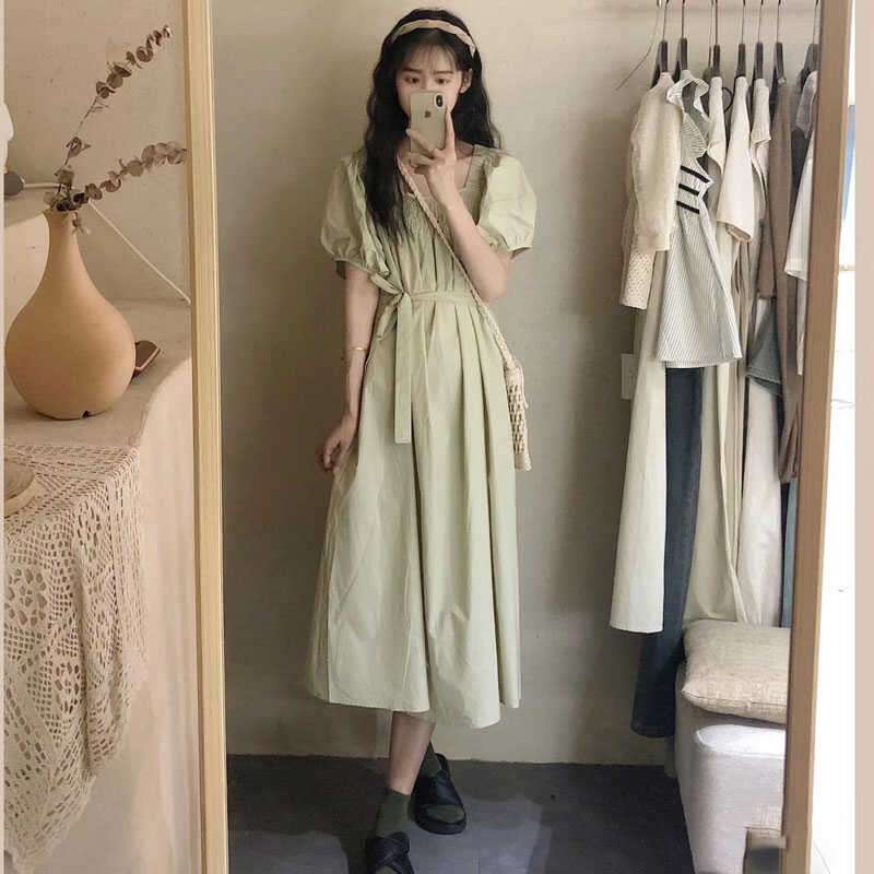 キレイめファッション  パフスリーブ ロング リネンワンピース