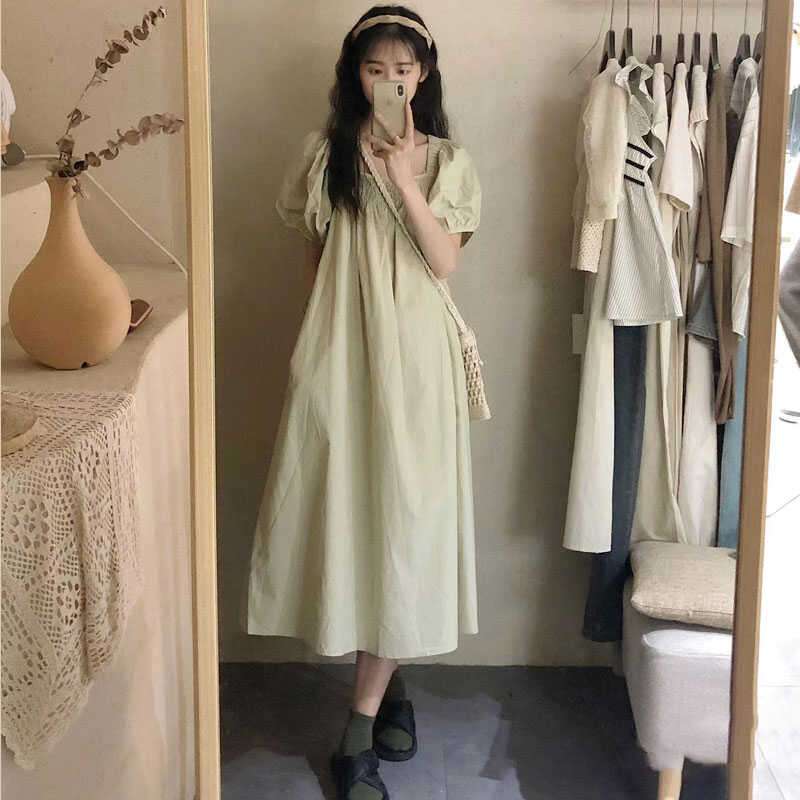 キレイめファッション  パフスリーブ ロング リネンワンピース