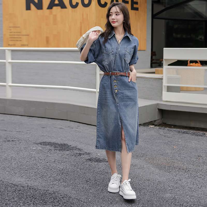 キレイめファッション  デニムシャツベルト付きワンピース