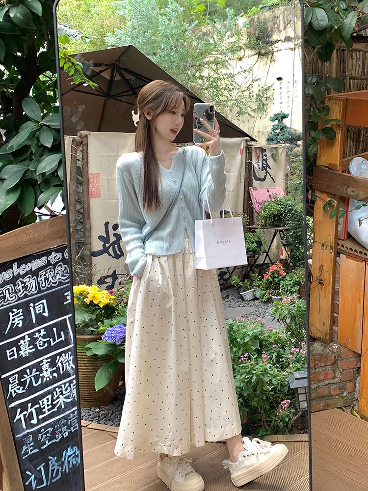 キレイめファッション  ドット柄きれいめロングフレアスカート