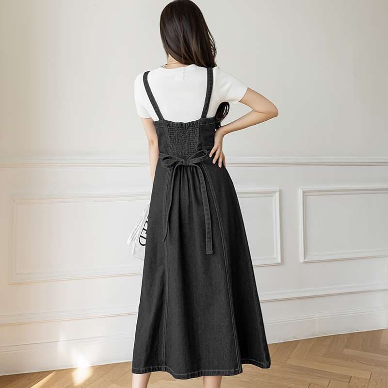 キレイめファッション  デニムジャンパースカート風ワンピース