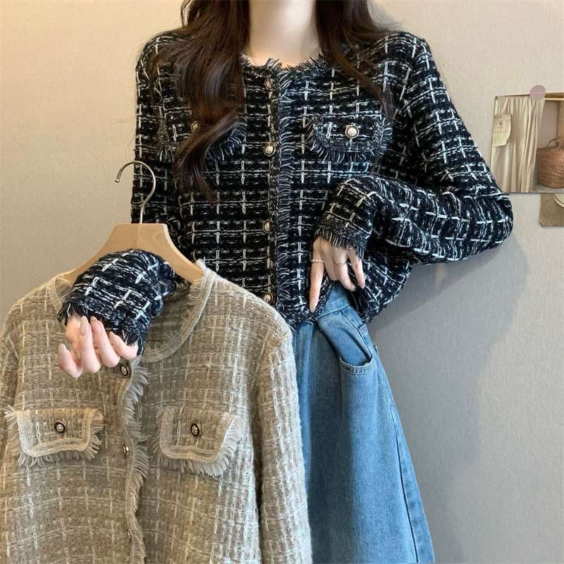 キレイめファッション ツイード風きれいめフリンジカーディガン
