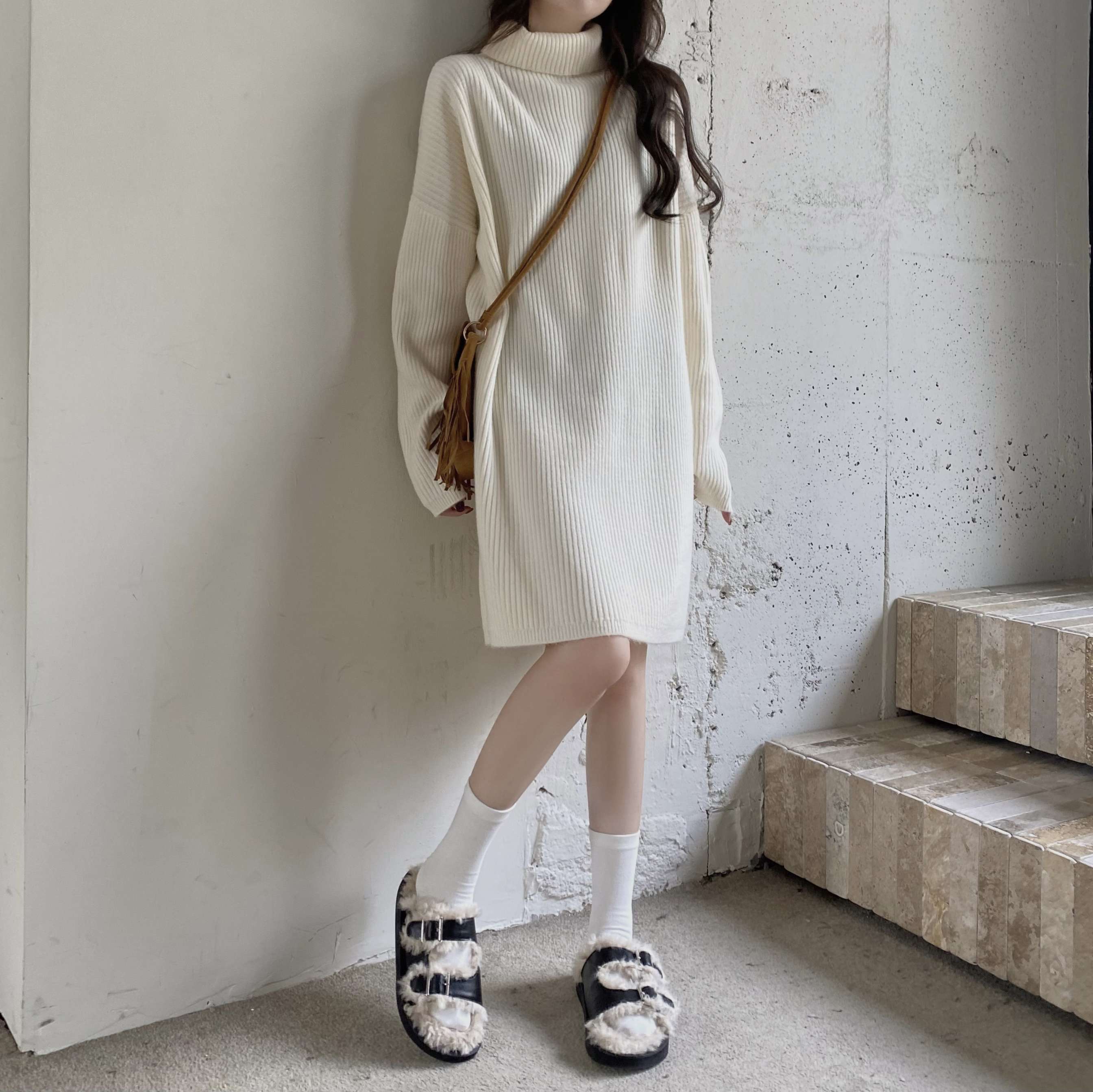 キレイめファッション シンプルきれいめリブニットワンピース