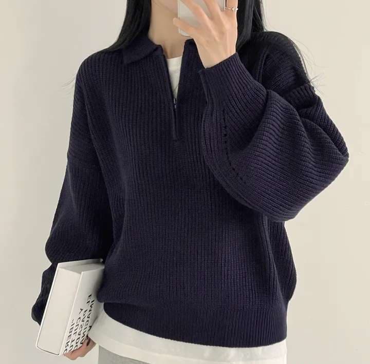 キレイめファッション ハーフジッププルオーバーリブニット