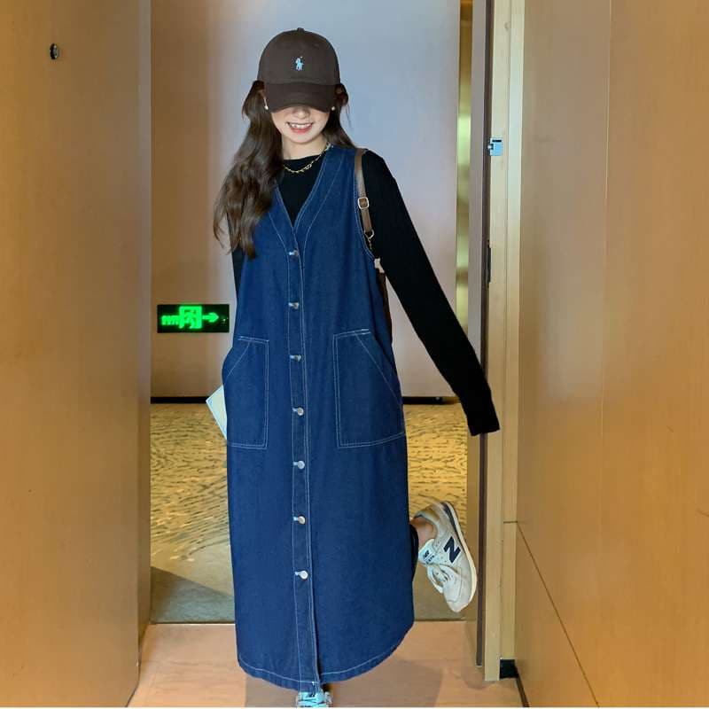 キレイめファッション  デニムジャンパースカート きれいめロング丈ワンピース