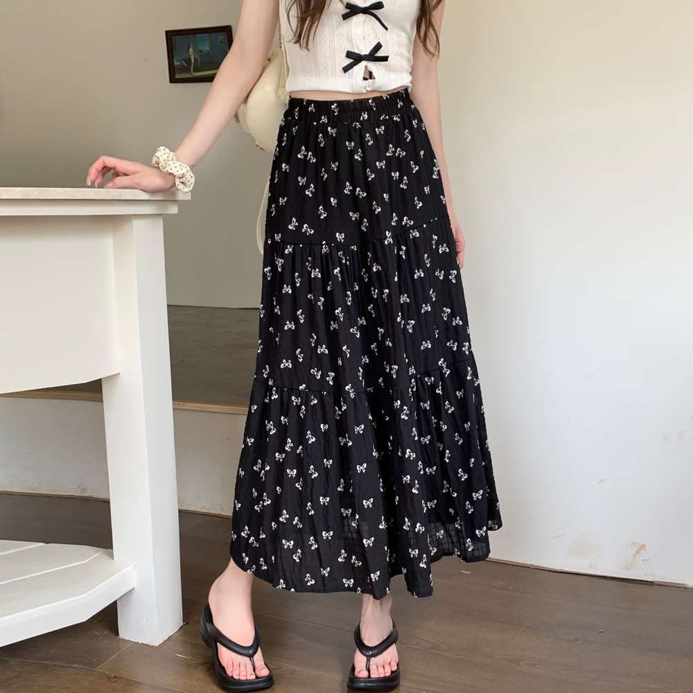 キレイめファッション  蝶々柄きれいめカジュアルティアードマキシスカート