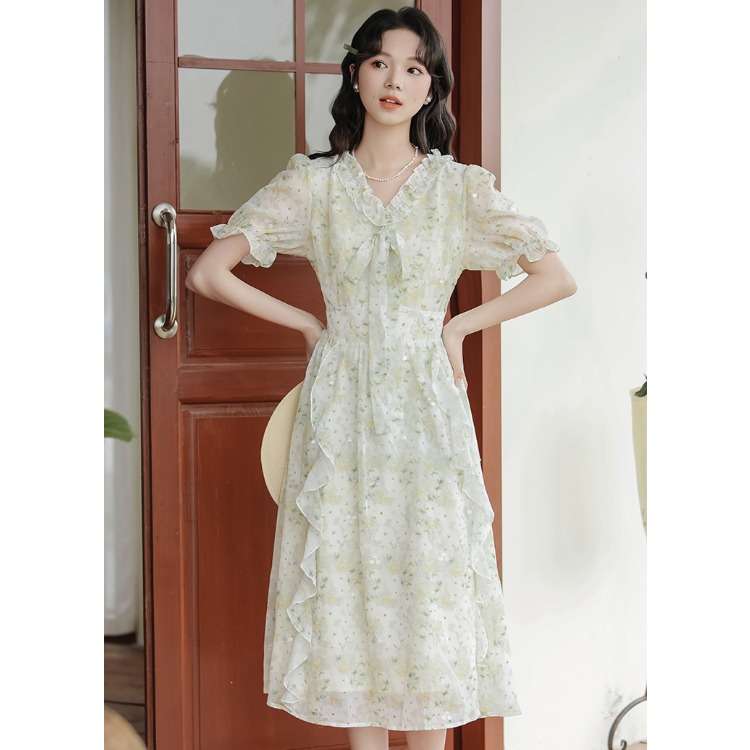 キレイめファッション  花柄シフォンフリルロマンティックワンピース