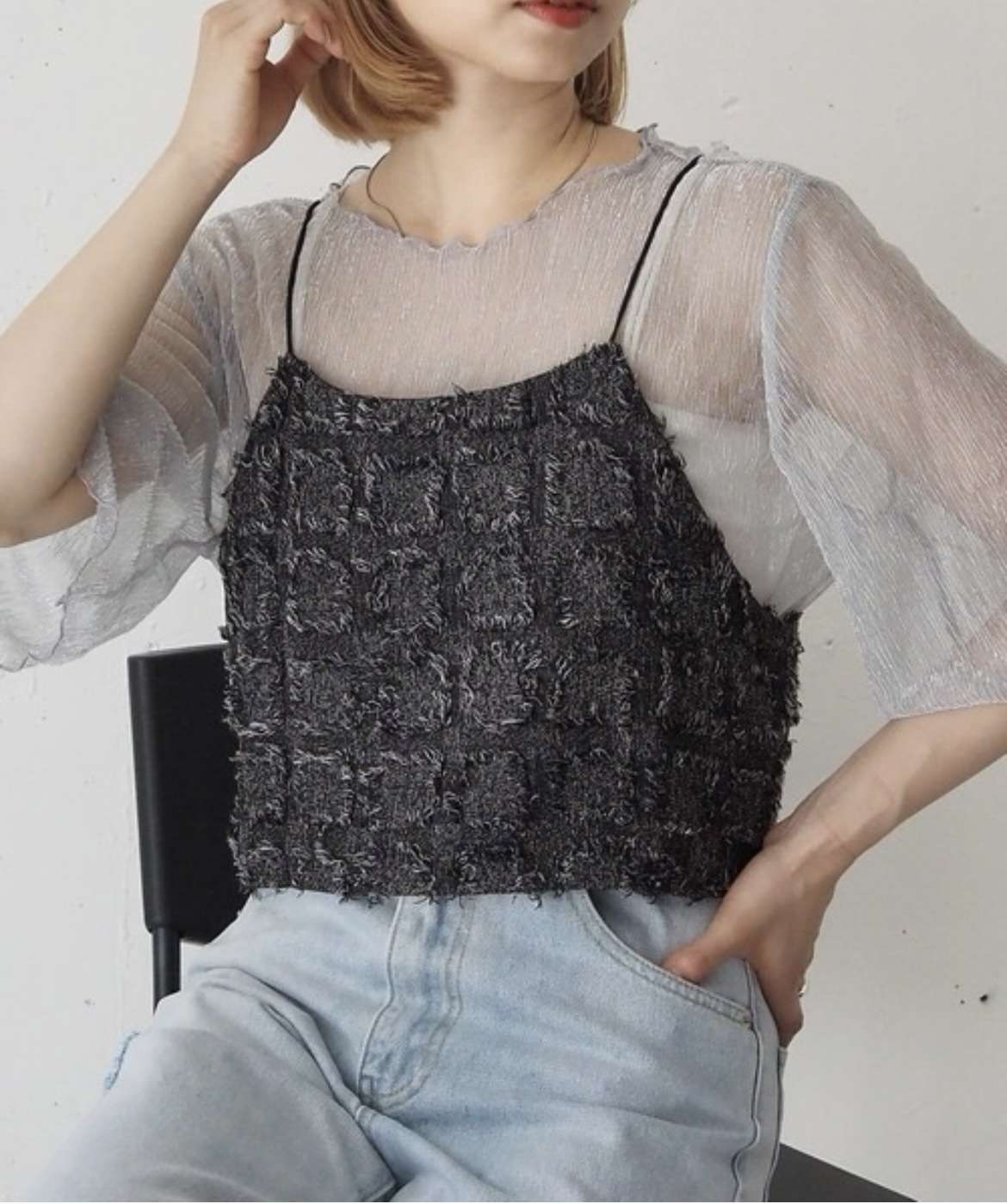キレイめファッション シャギーチェックきれいめカジュアルビスチェ