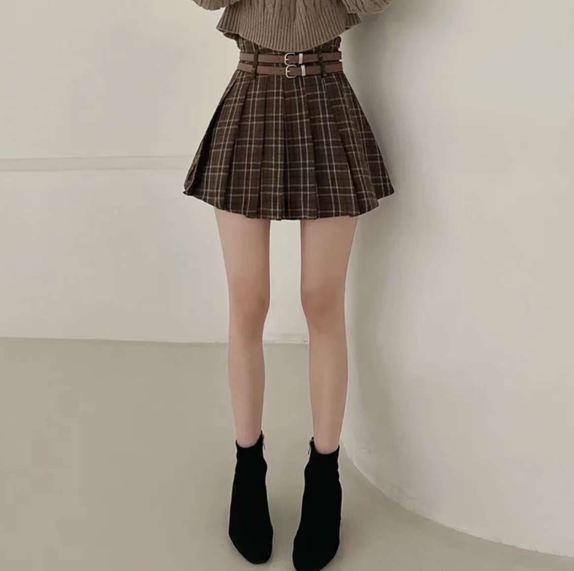 キレイめファッション クラシカルダブルベルトプリーツスカート