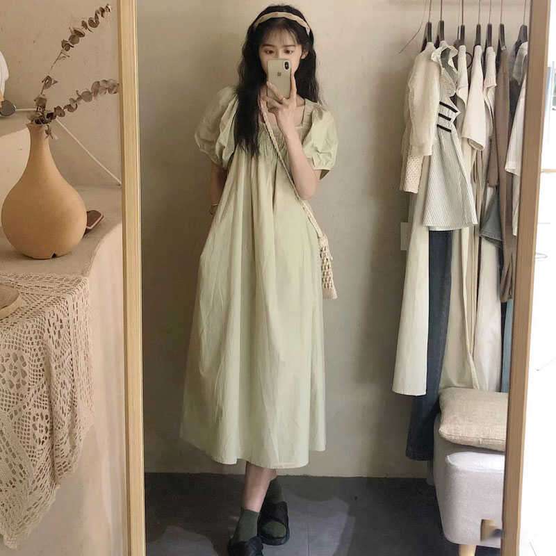 キレイめファッション  パフスリーブ ロング リネンワンピース
