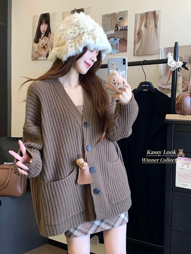 キレイめファッション きれいめリブ編みロングカーディガン
