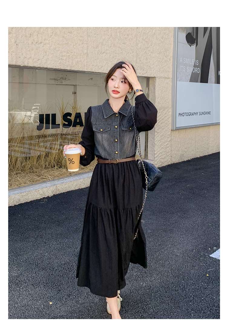 キレイめファッション  デニム切り替えティアードきれいめワンピース