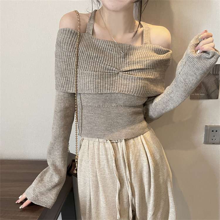 キレイめファッション オフショルダー綺麗目リブニットトップス