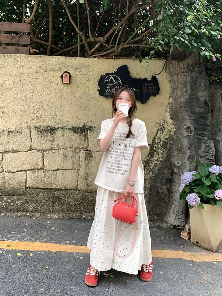 キレイめファッション  ドット柄きれいめロングフレアスカート