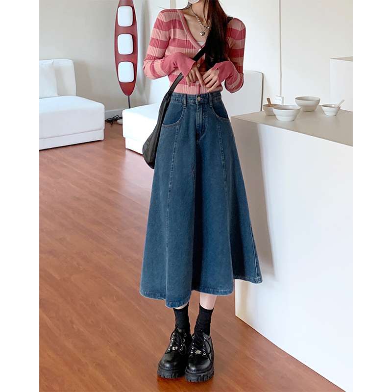キレイめファッション  デニムフレアきれいめカジュアルロングスカート