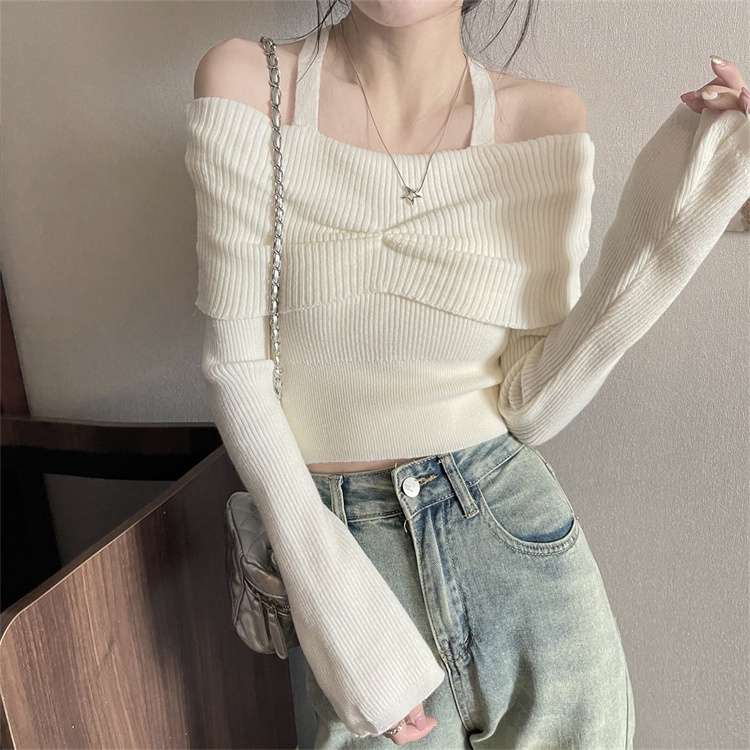 キレイめファッション オフショルダー綺麗目リブニットトップス