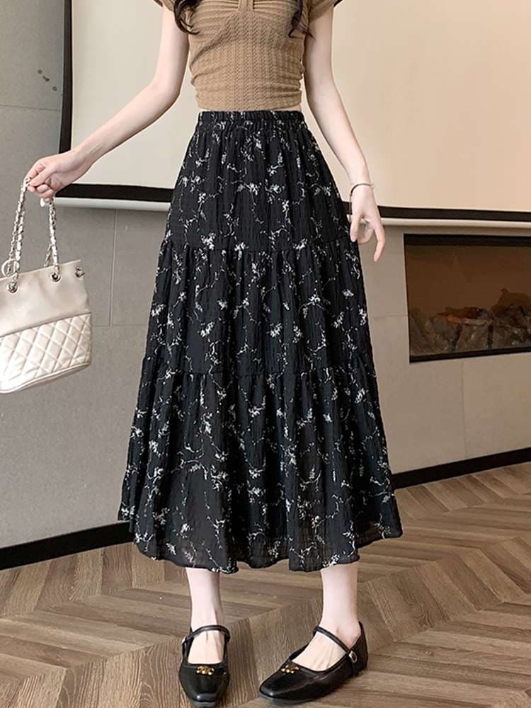 キレイめファッション  きれいめカジュアル花柄プリーツロングスカート