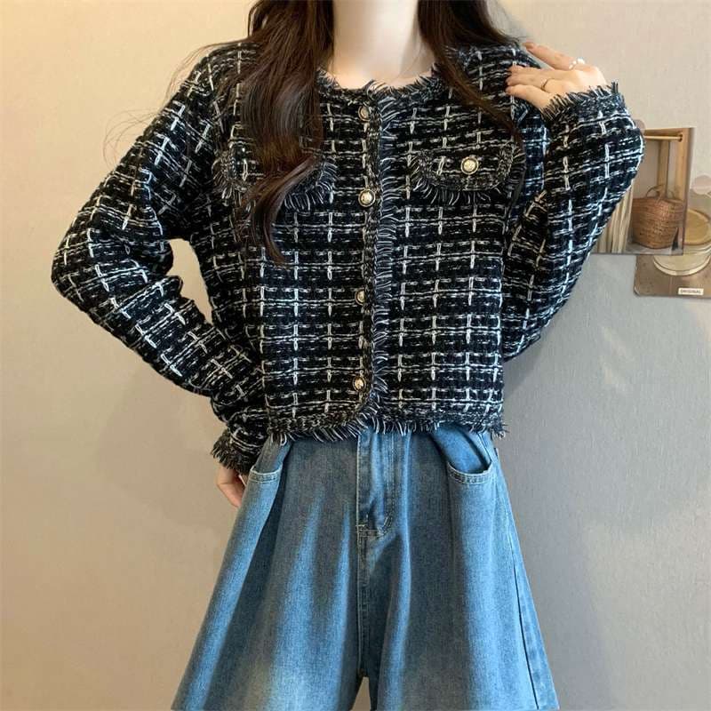 キレイめファッション ツイード風きれいめフリンジカーディガン