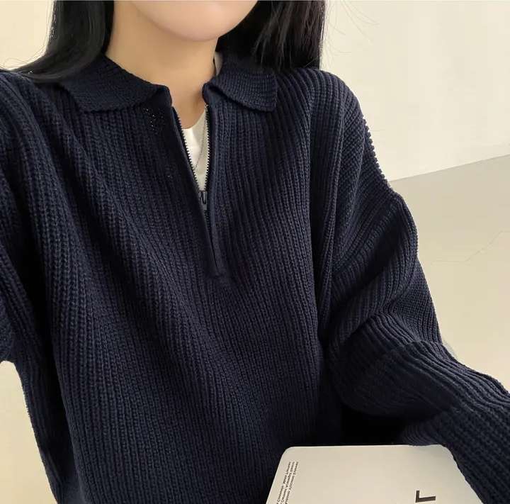 キレイめファッション ハーフジッププルオーバーリブニット
