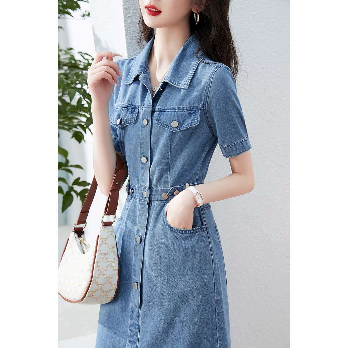 キレイめファッション  デニム素材ボタンダウンワンピース