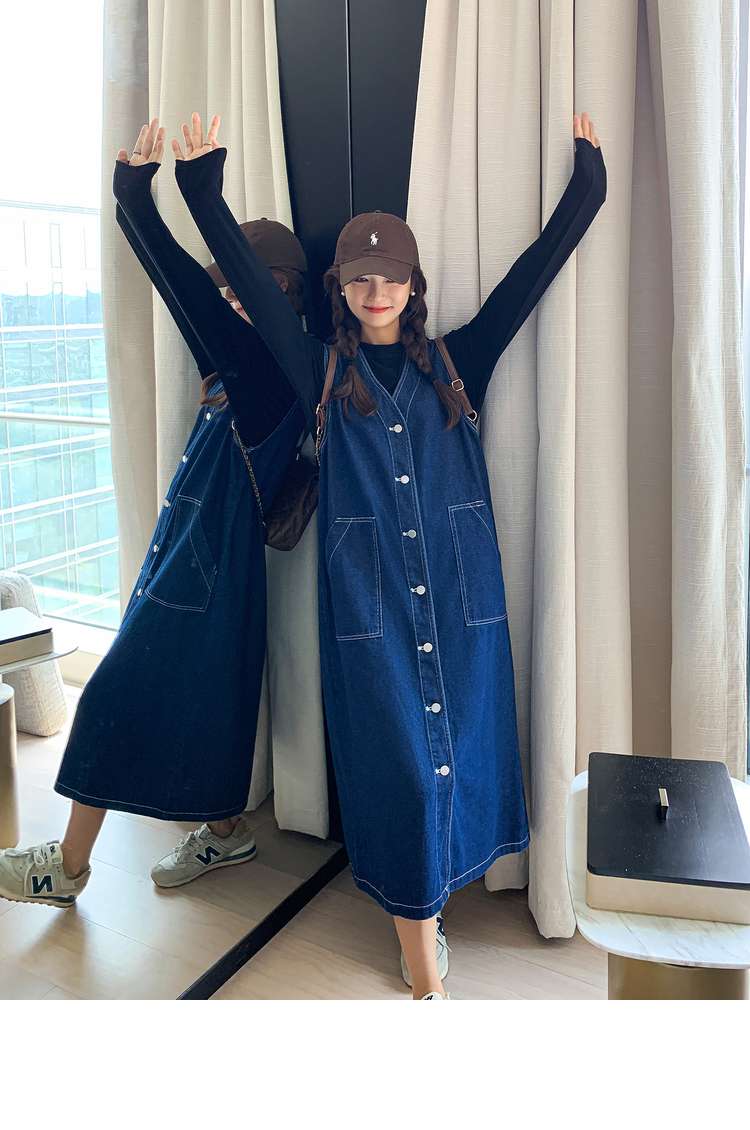 キレイめファッション  デニムジャンパースカート きれいめロング丈ワンピース