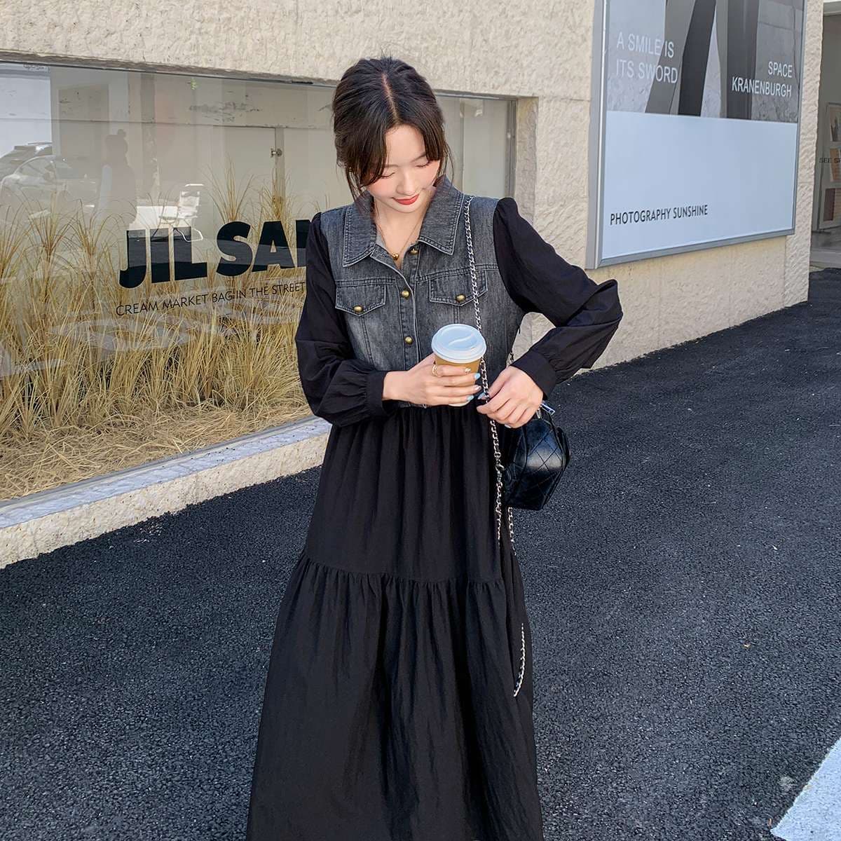 キレイめファッション  デニム切り替えティアードきれいめワンピース