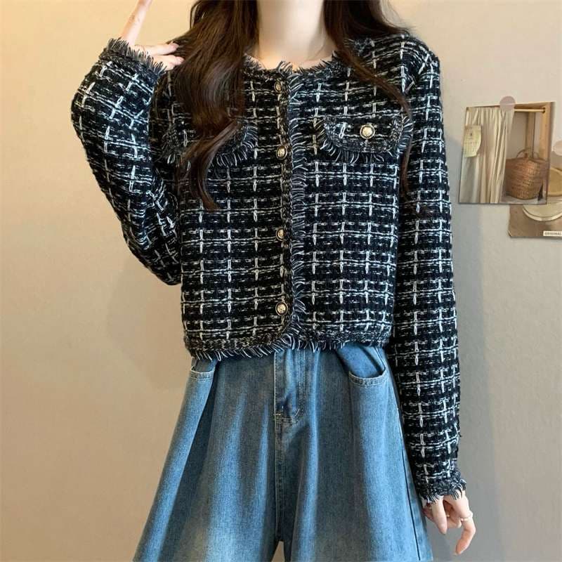 キレイめファッション ツイード風きれいめフリンジカーディガン