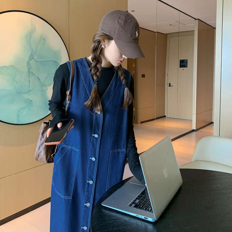 キレイめファッション  デニムジャンパースカート きれいめロング丈ワンピース