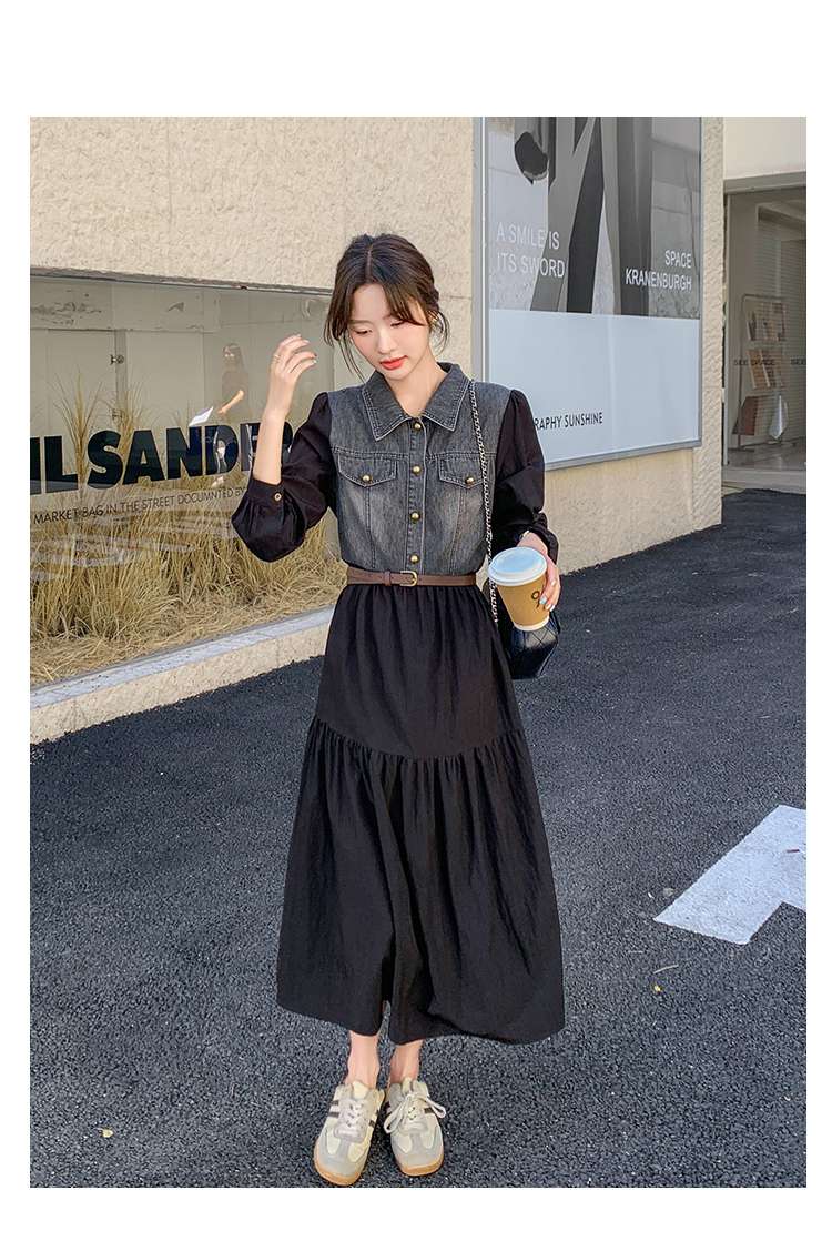 キレイめファッション  デニム切り替えティアードきれいめワンピース