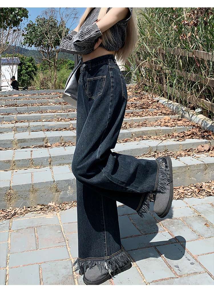キレイめファッション  フリンジ付きワイドデニムパンツ
