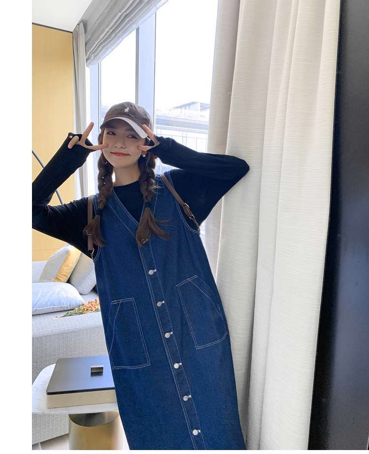 キレイめファッション  デニムジャンパースカート きれいめロング丈ワンピース