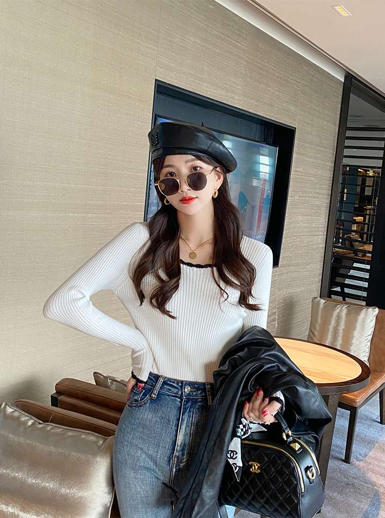 キレイめファッション  きれいめリブニットコントラストトリム長袖プルオーバー