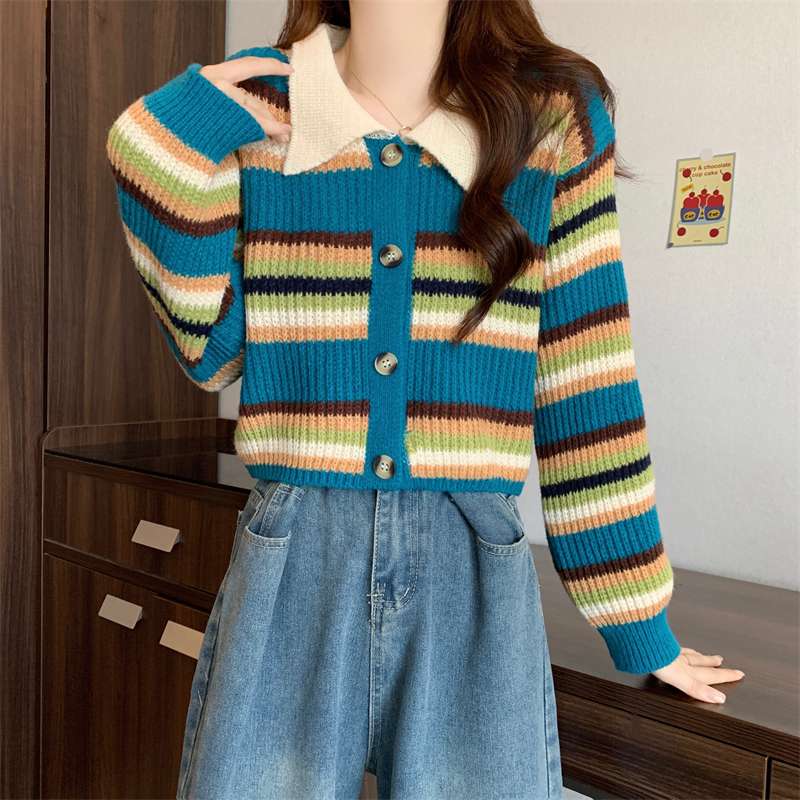 キレイめファッション レトロマルチボーダーカーディガン　綺麗目ニット