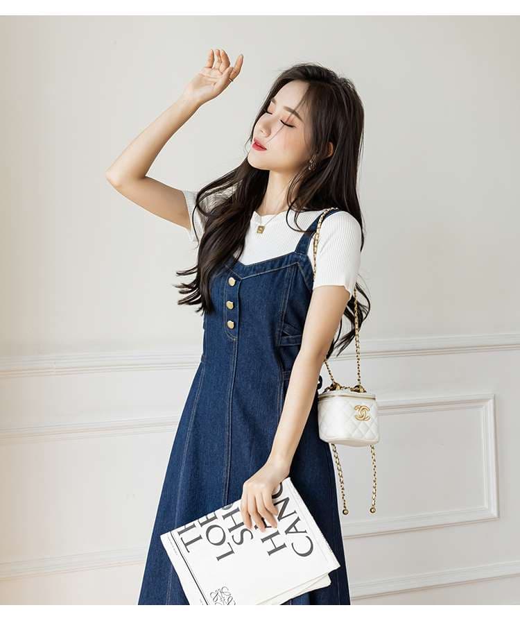 キレイめファッション  デニムジャンパースカート風ワンピース