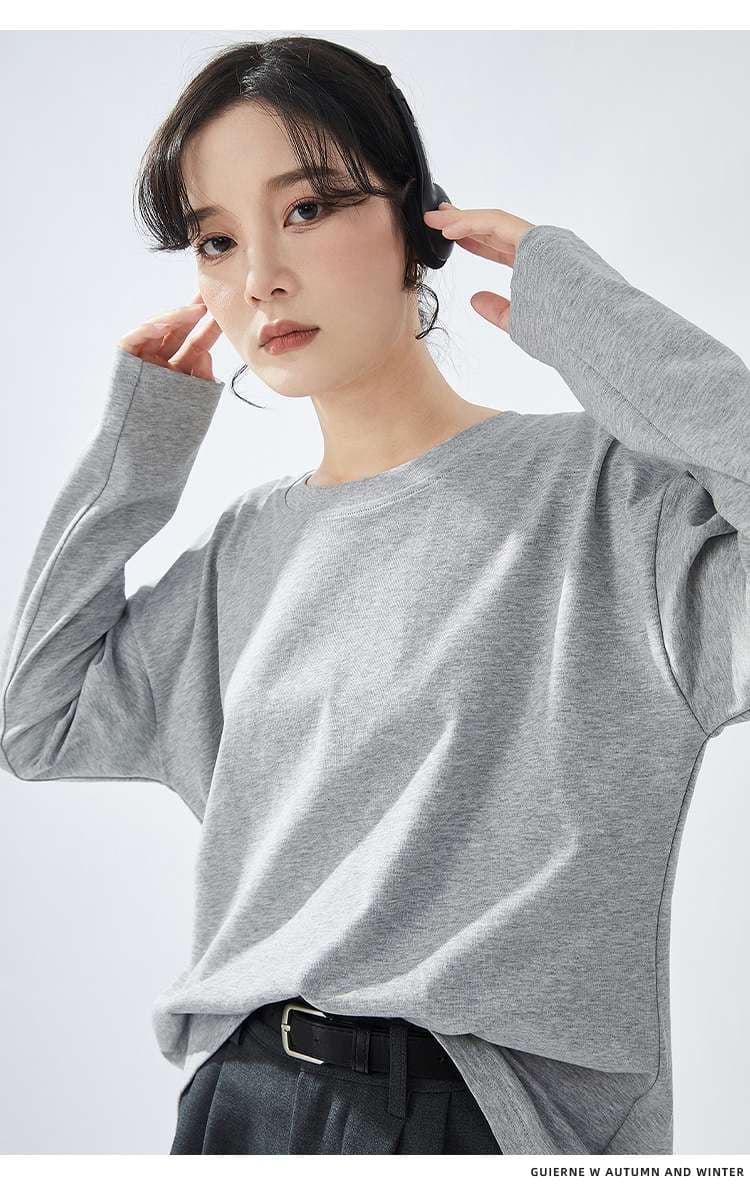 キレイめファッション シンプル長袖クルーネックカットソー　きれいめトップス
