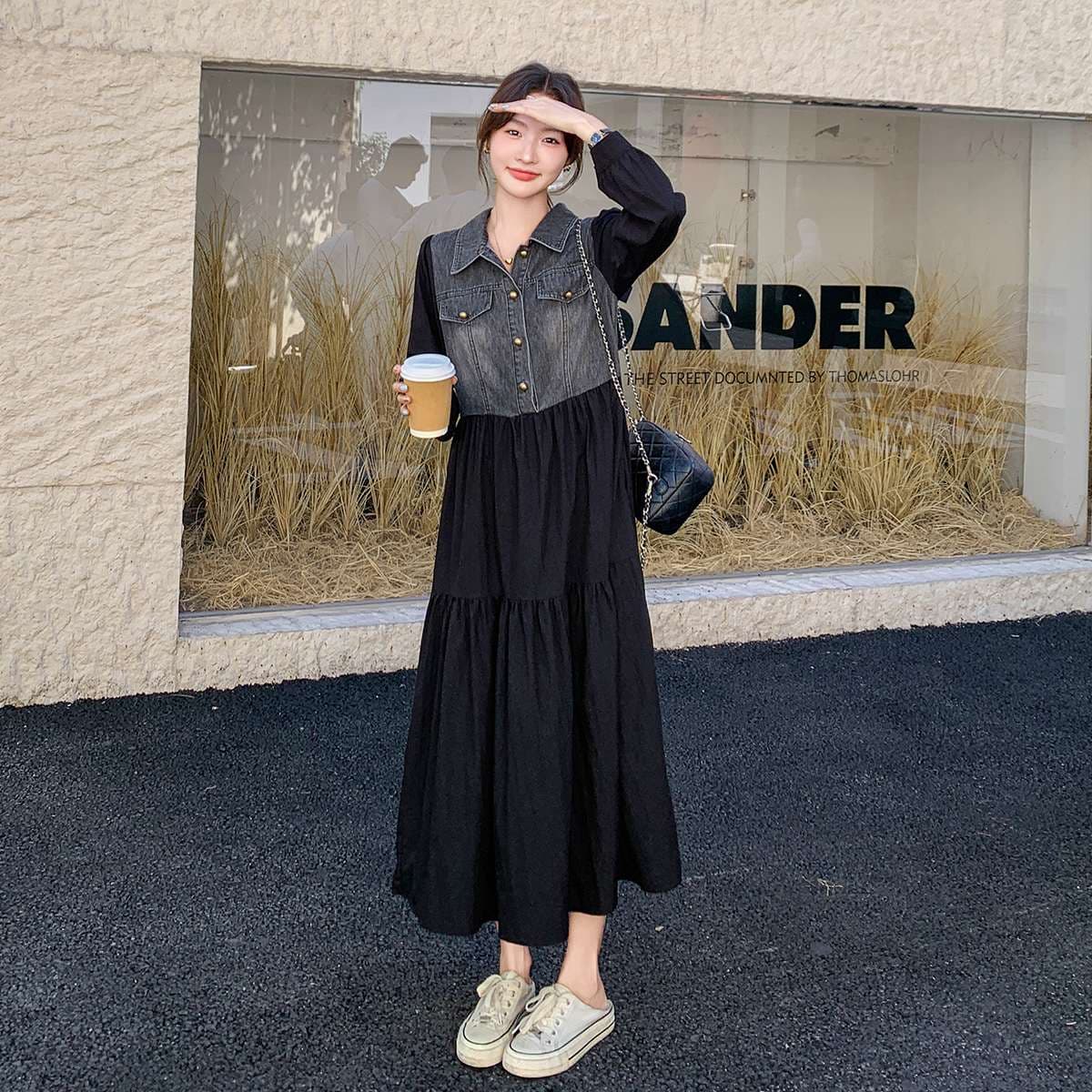 キレイめファッション  デニム切り替えティアードきれいめワンピース